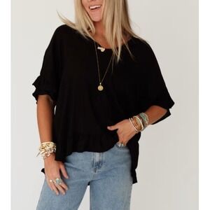 Three Bird Nest Sz L Let Me Be Ruffled Top Womens Boho Relaxed Festival Black